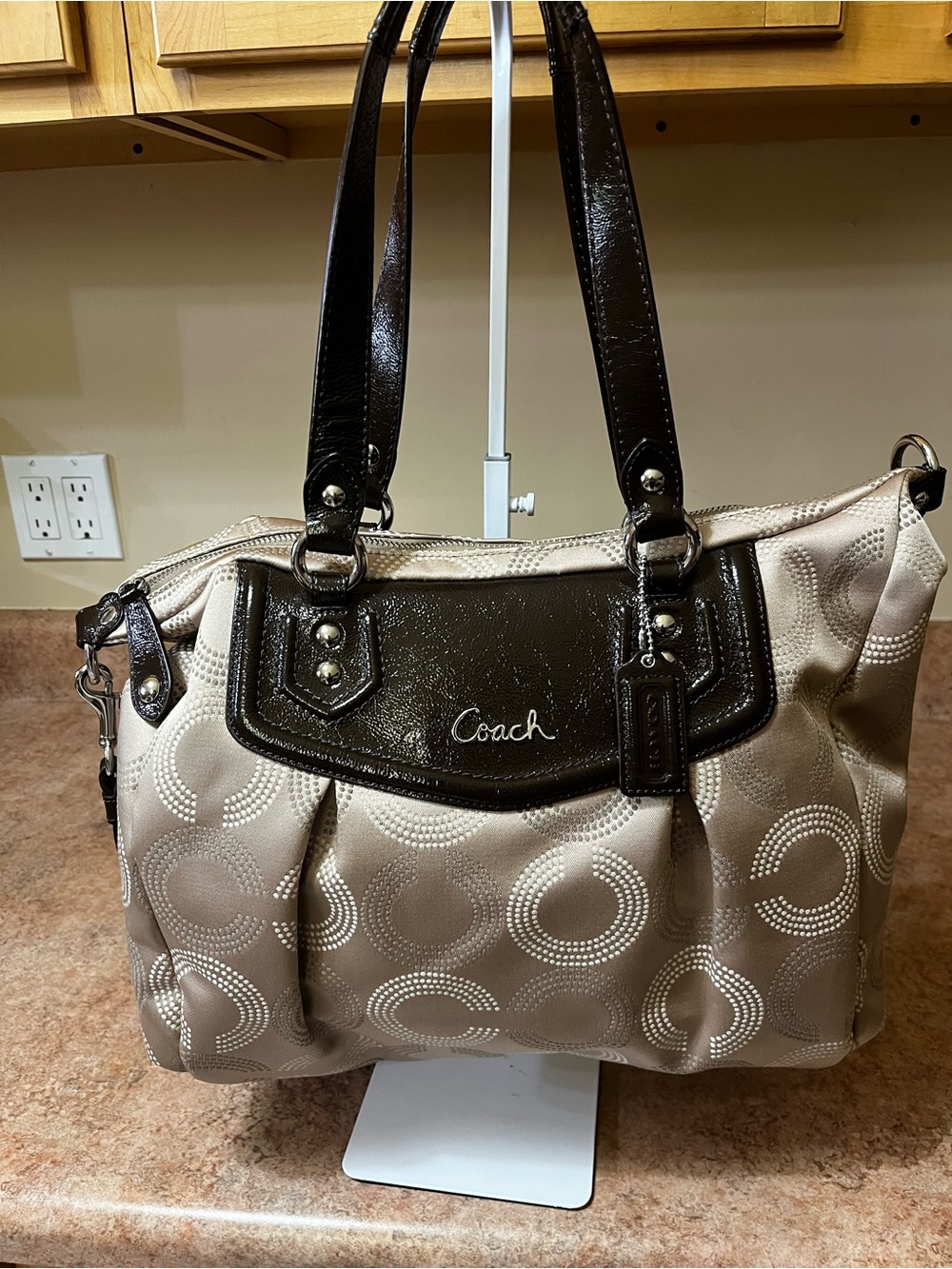 Coach Taupe Signature Shoulder Bag with Dark Brown Patent Trim